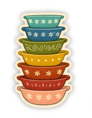Vintage Pyrex Bowls Sticker – Retro Kitchenware Stack in Rai