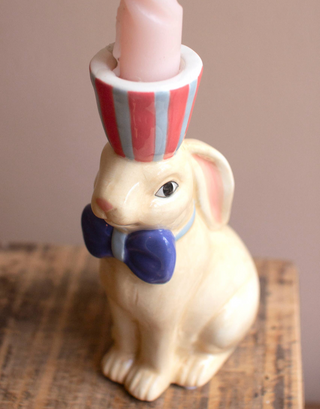 Ceramic Easter Bunny Taper Candle Holder- Red and Blue