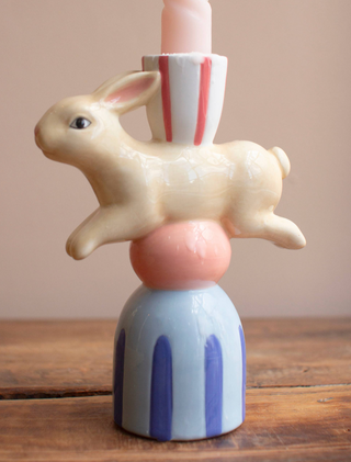 Ceramic Easter Bunny Taper Candle Holder- red and white