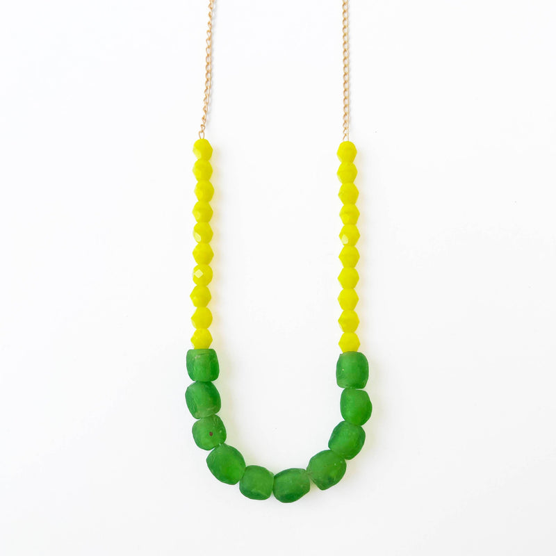 Recycled African Glass And Mixed Bead Necklace: Chartreuse