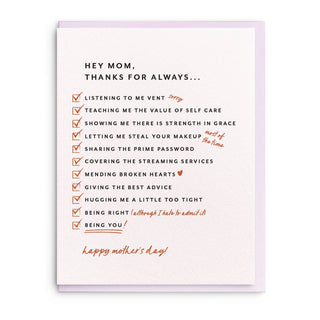 Mom List Letterpress Mother's Day Greeting Card